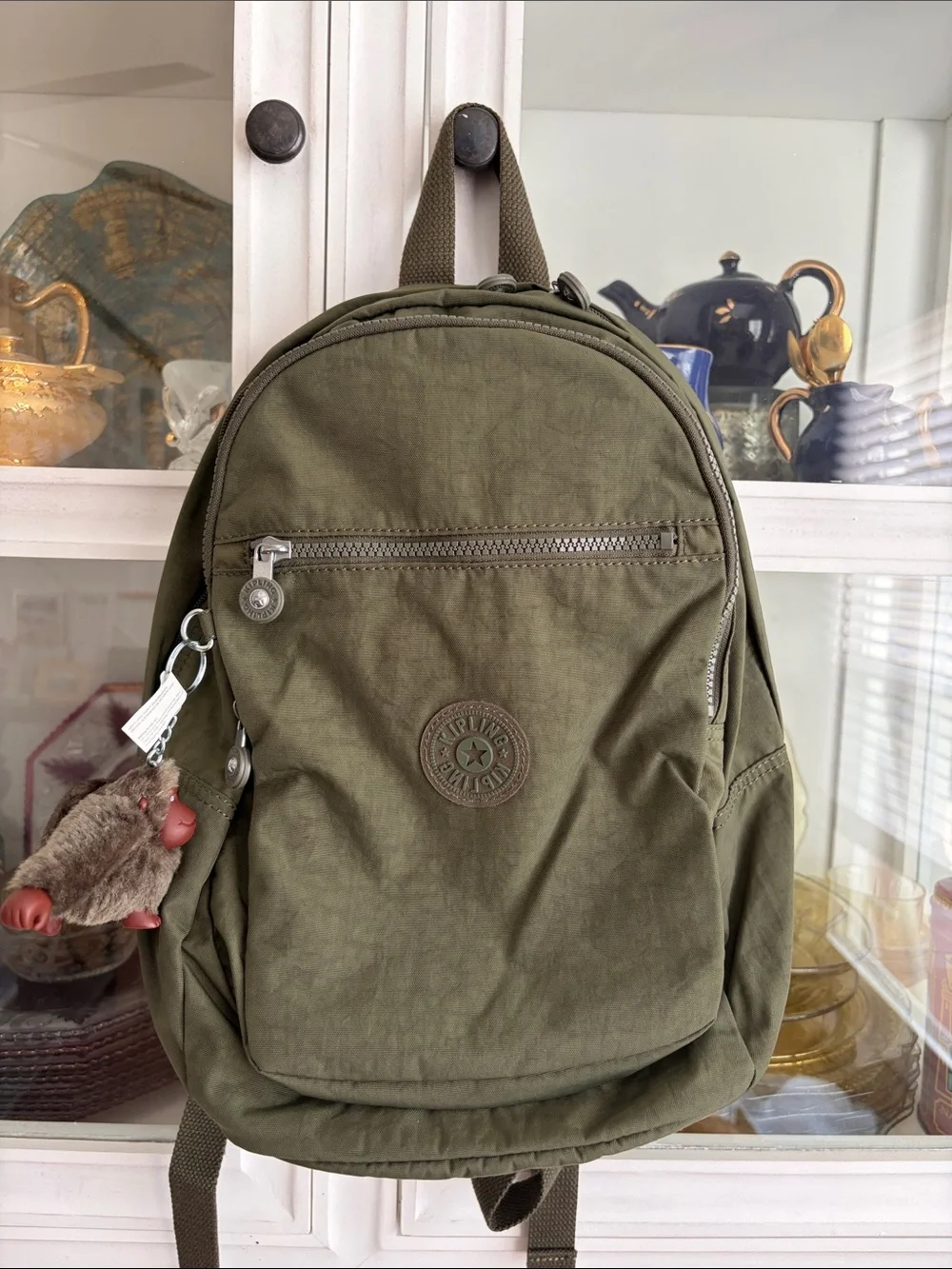 Kipling Olive Green Everyday Backpack with Monkey Keychain